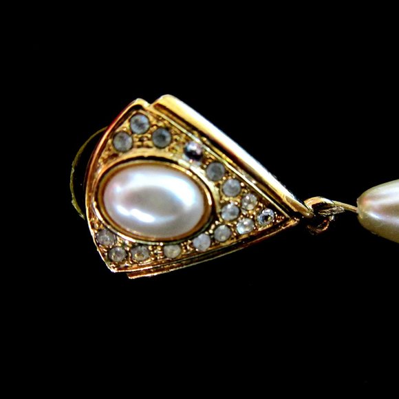 Art Deco Revival faux pearl & rhinestone dangling pierced earrings - Picture 7 of 7